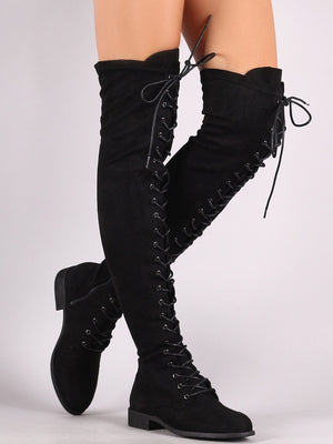 Thigh high tie up suede boots - Dimesi Boutique