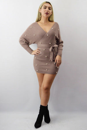 Wendy, Mocha knitted dress with pearls - Dimesi Boutique
