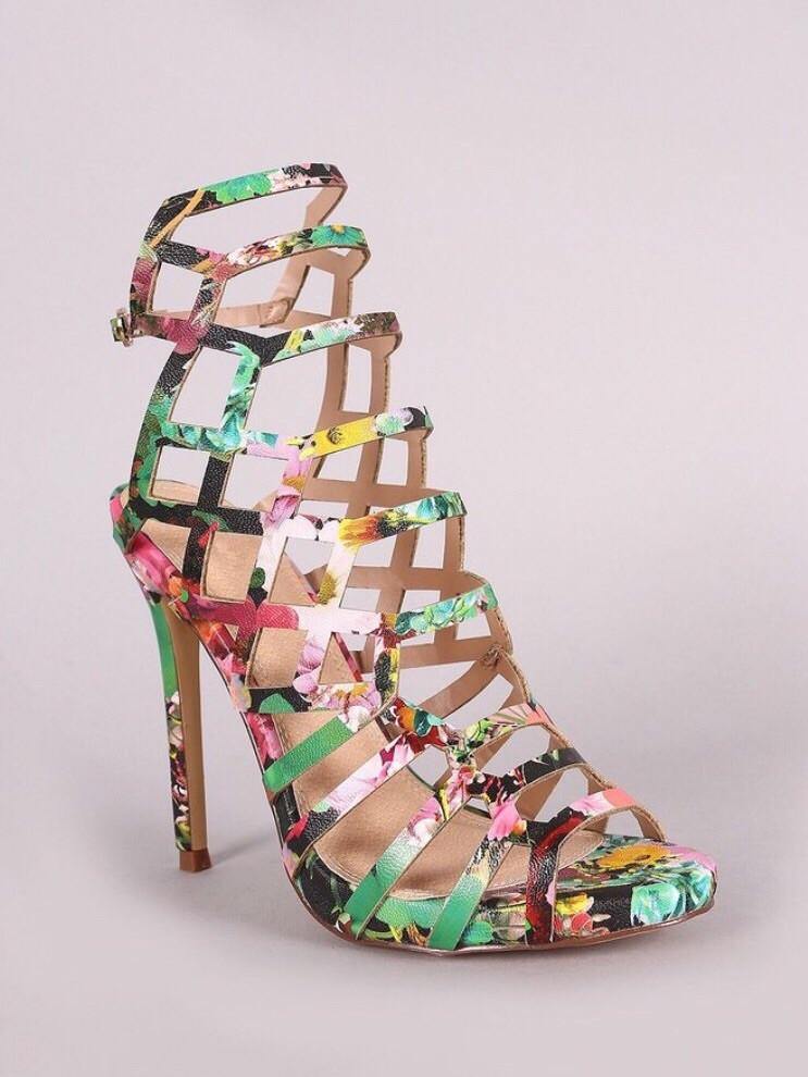 Asuka, Floral sling backs ankle strap heels - Dimesi Boutique