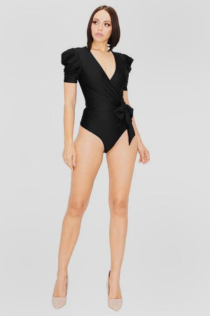 Kendall, Belted short puff sleeve wrap front bodysuit