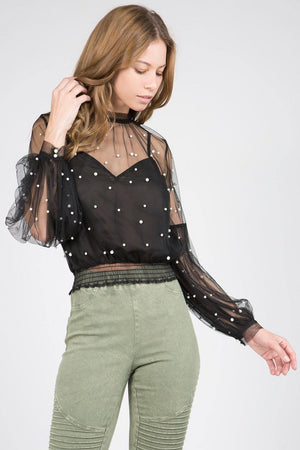Kelly, Mesh blouse with pearl stud accent - Dimesi Boutique