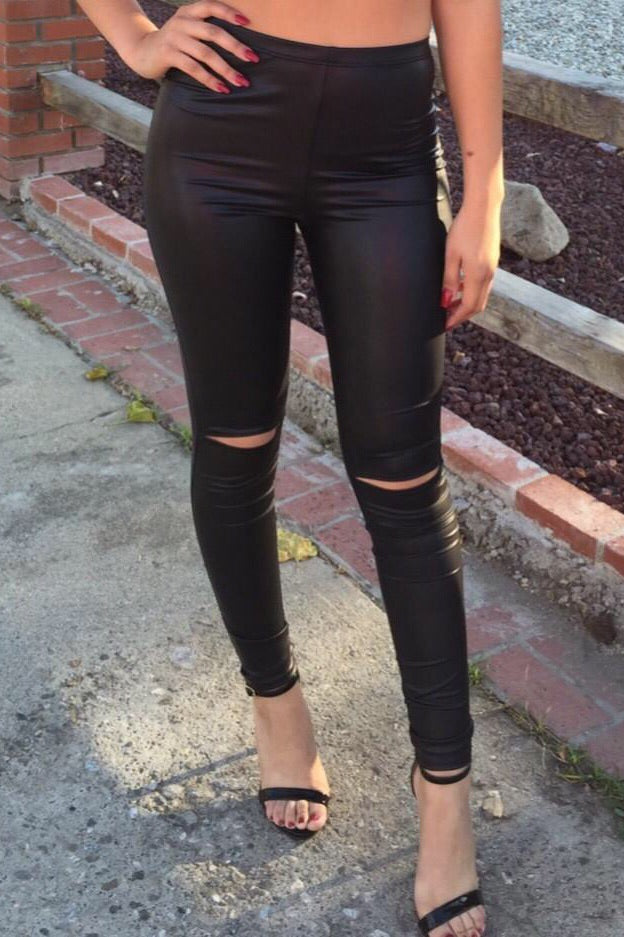 Black Wet Look Silk Like Shiny with The Silver Side Zip - Leggings at   Women's Clothing store: Leggings Pants