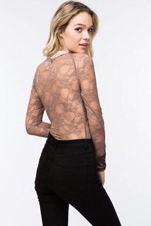 Long sleeve lace velvet bodysuit - Dimesi Boutique
