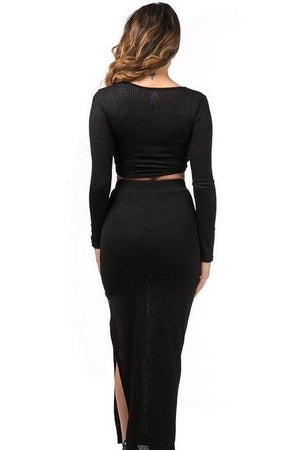 Kim, Black knitted set with cross front top and slit on long skirt - Dimesi Boutique