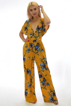 Bella floral print Mustard jumpsuit with Puff sleeve - Dimesi Boutique