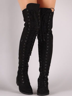 Thigh high tie up flat boots - Dimesi Boutique
