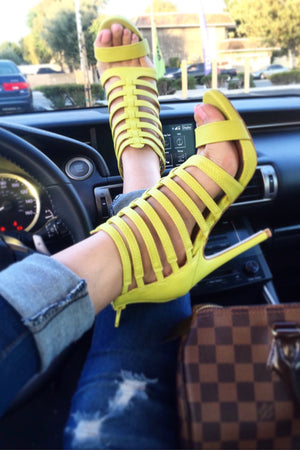 Glee, Lemon Lime Strappy snake PU heels - Dimesi Boutique