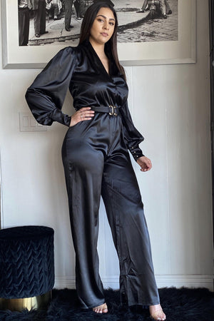 Davina, Black Silky Satin Jumpsuit with waist belt - Dimesi Boutique
