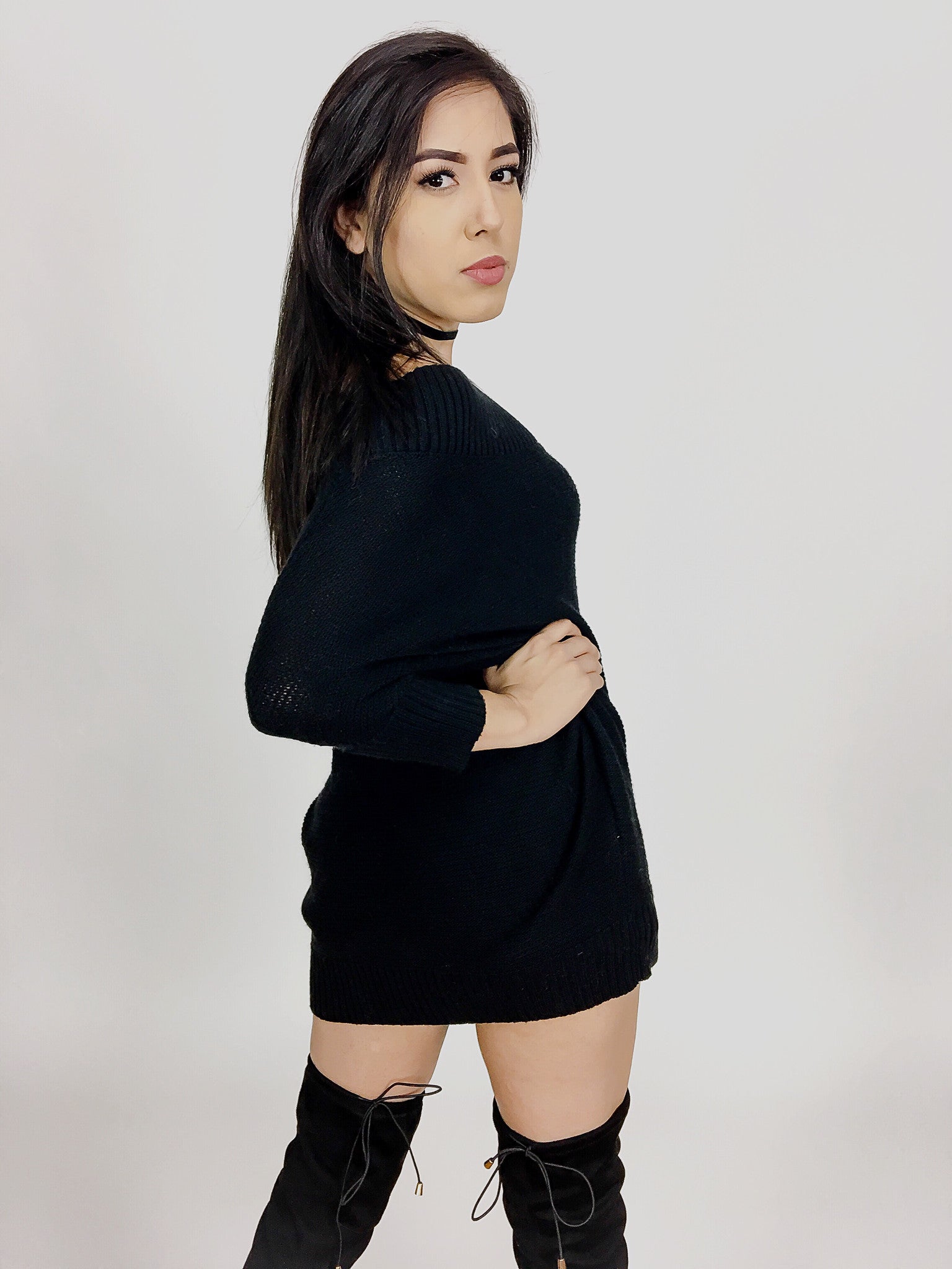 off the shoulder sweater dress with thigh high boots Daisy, Knitted sweater dress