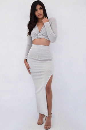 Kim, Grey knitted set with cross front top and slit on long skirt - Dimesi Boutique