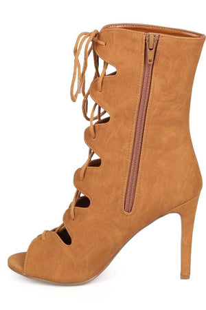 Pudina nubuck tan peep toe gladiator lace up heels - Dimesi Boutique