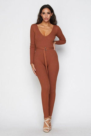 Karol, Knitted Rust Jumpsuit With Deep V Neck - Dimesi Boutique