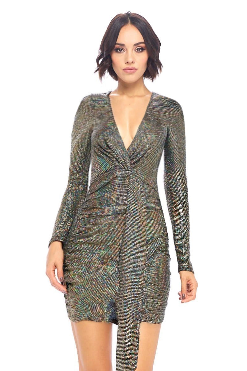 Kendall, Long sleeves wrap sparkly belted dress