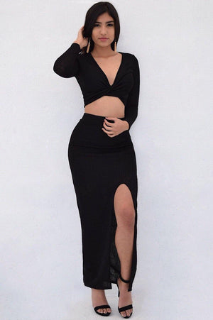 Kim, Grey knitted set with cross front top and slit on long skirt - Dimesi Boutique