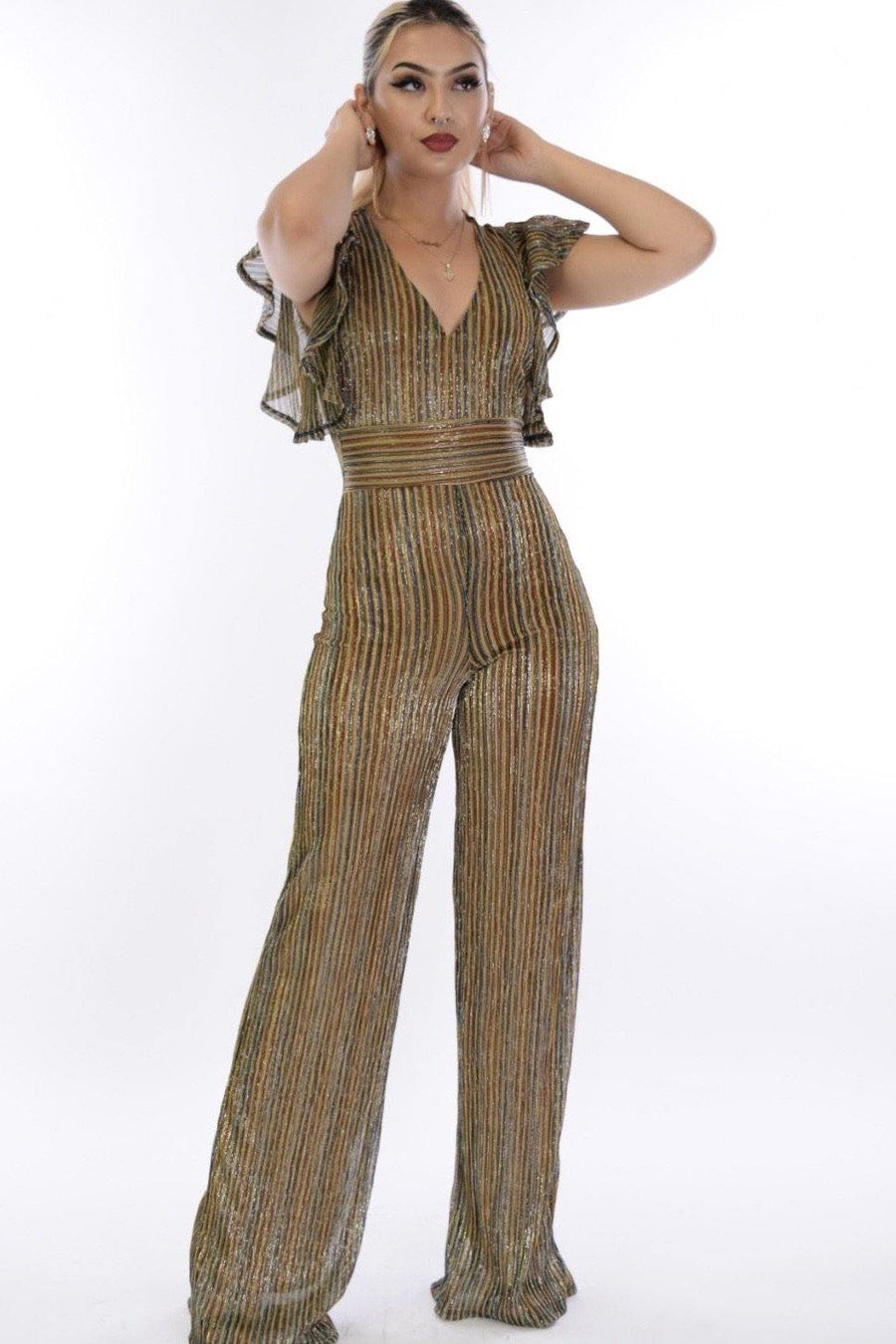 Catena, Ruffed sleeve sparkle multicolor Jumpsuit - Dimesi Boutique