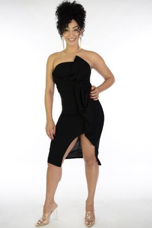 Eva, Black strapples dress with side ruffle & slit - Dimesi Boutique