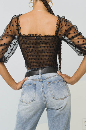 Alicia, Ruched mesh crop top with polka dot