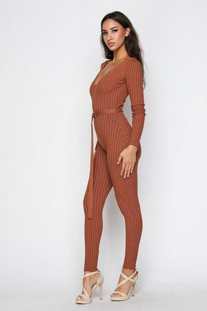 Karol, Knitted Rust Jumpsuit With Deep V Neck - Dimesi Boutique