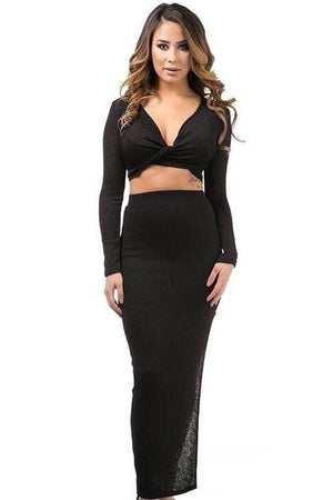 Kim, Black knitted set with cross front top and slit on long skirt - Dimesi Boutique