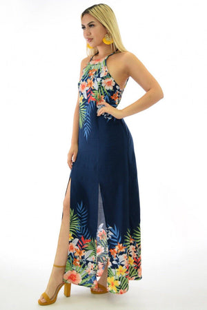 Maya, Tropical print halter navy maxi dress with slit legs - Dimesi Boutique