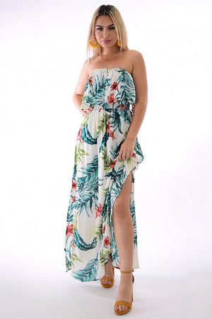 Samba, tropical print off white dress with slit on sides - Dimesi Boutique