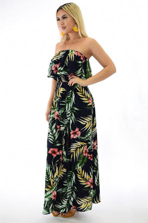 Samba, tropical print Navy dress with slit on sides - Dimesi Boutique