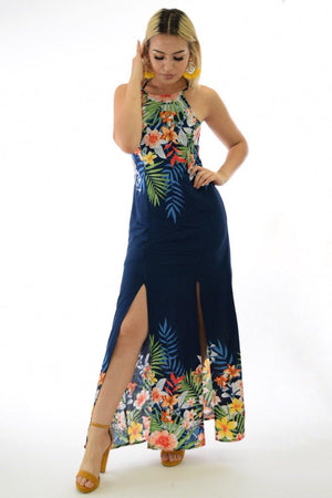 Maya, Tropical print halter navy maxi dress with slit legs - Dimesi Boutique