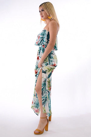 Samba, tropical print off white dress with slit on sides - Dimesi Boutique