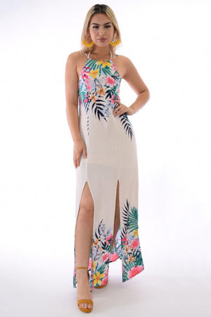 Maya, Tropical print halter cream maxi dress with slit legs - Dimesi Boutique