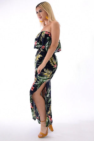 Samba, tropical print Navy dress with slit on sides - Dimesi Boutique