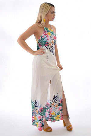 Maya, Tropical print halter cream maxi dress with slit legs - Dimesi Boutique
